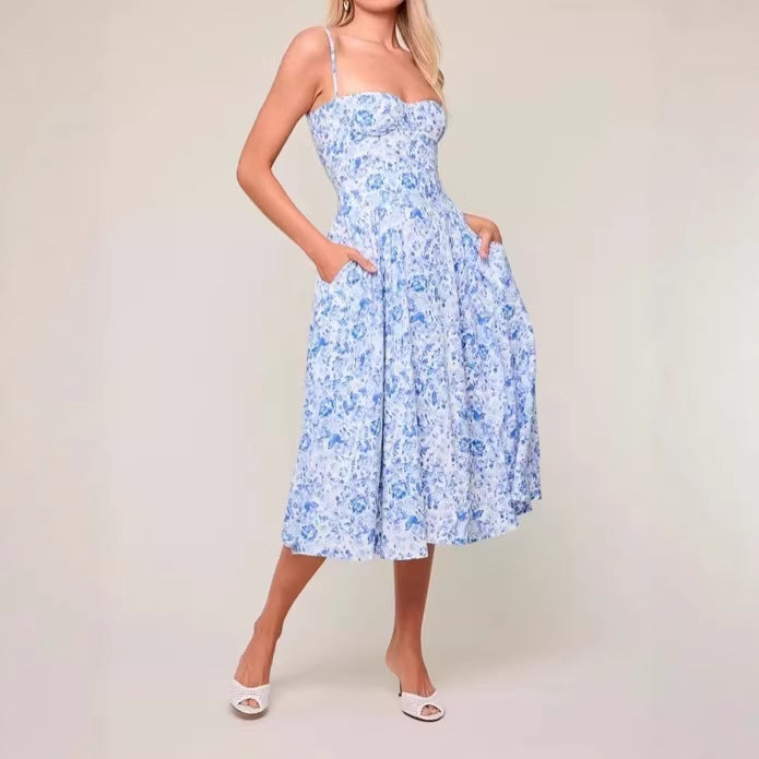 Sky blue floral midi dress with a defined waist