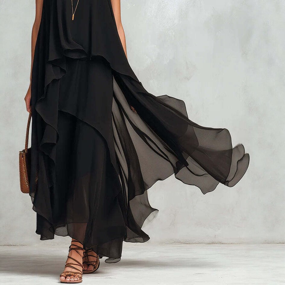 Asymmetric black sleeveless maxi dress