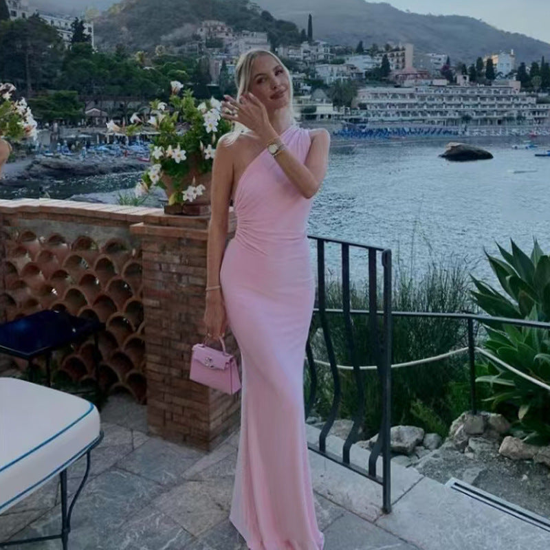 Robe de plage asymétrique rose, coupe sirène