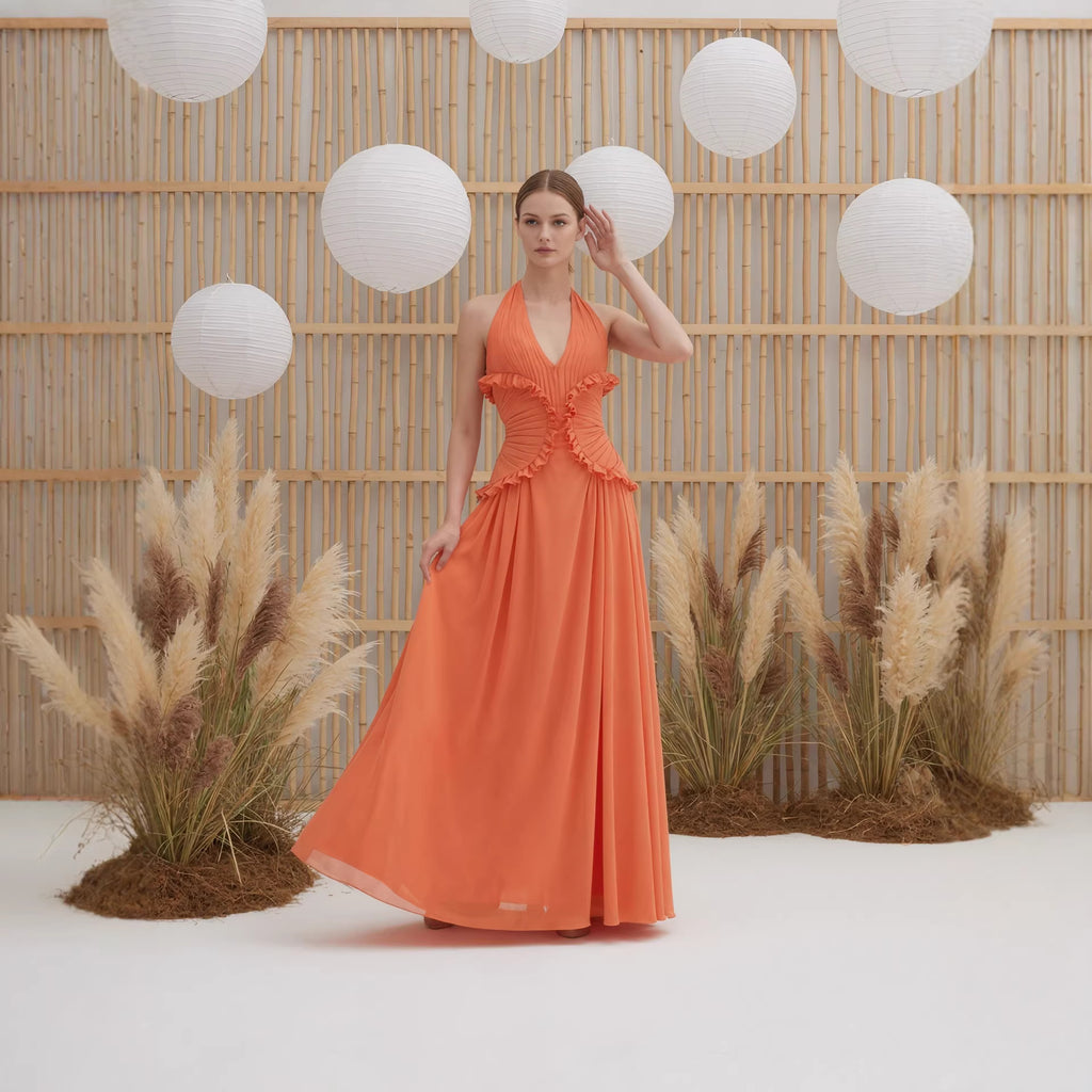 Robe longue orange à encolure cache-cœur
