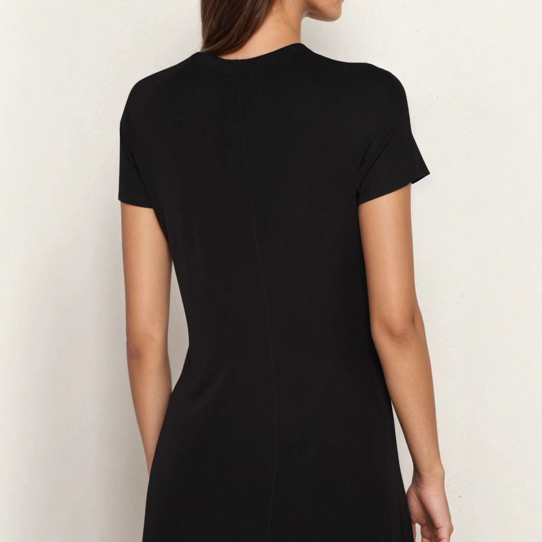 Robe d'été col rond manches courtes noir et bordeaux