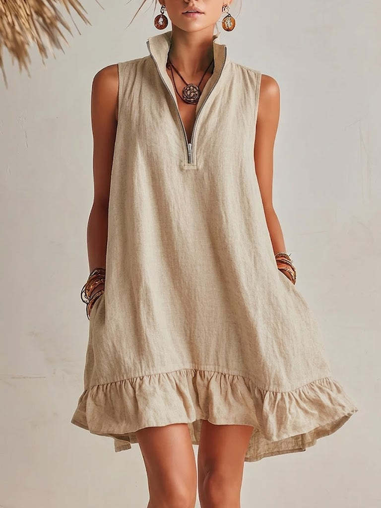 Robe trapèze sans manches à col demi-zip et volant