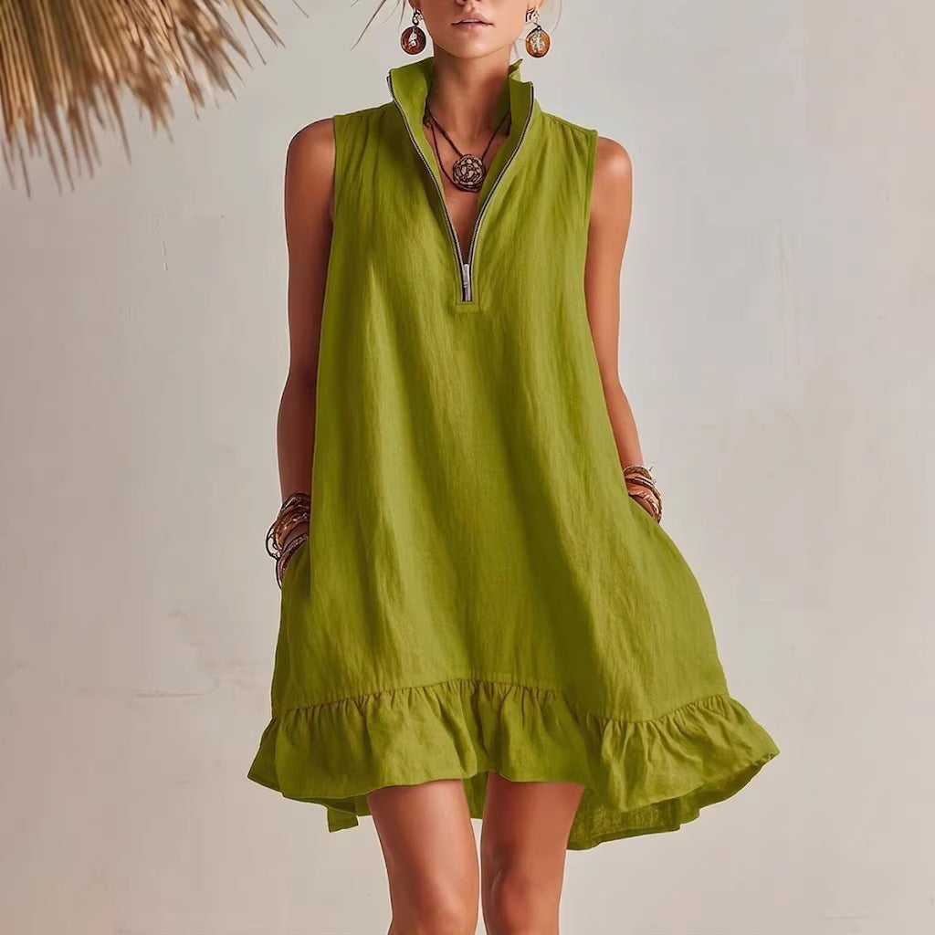 Robe trapèze sans manches à col demi-zip et volant