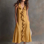 Robe longue lin-coton décolleté V volant