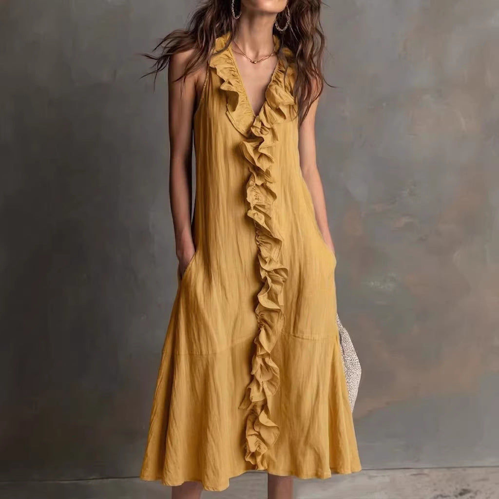 Robe longue lin-coton décolleté V volant