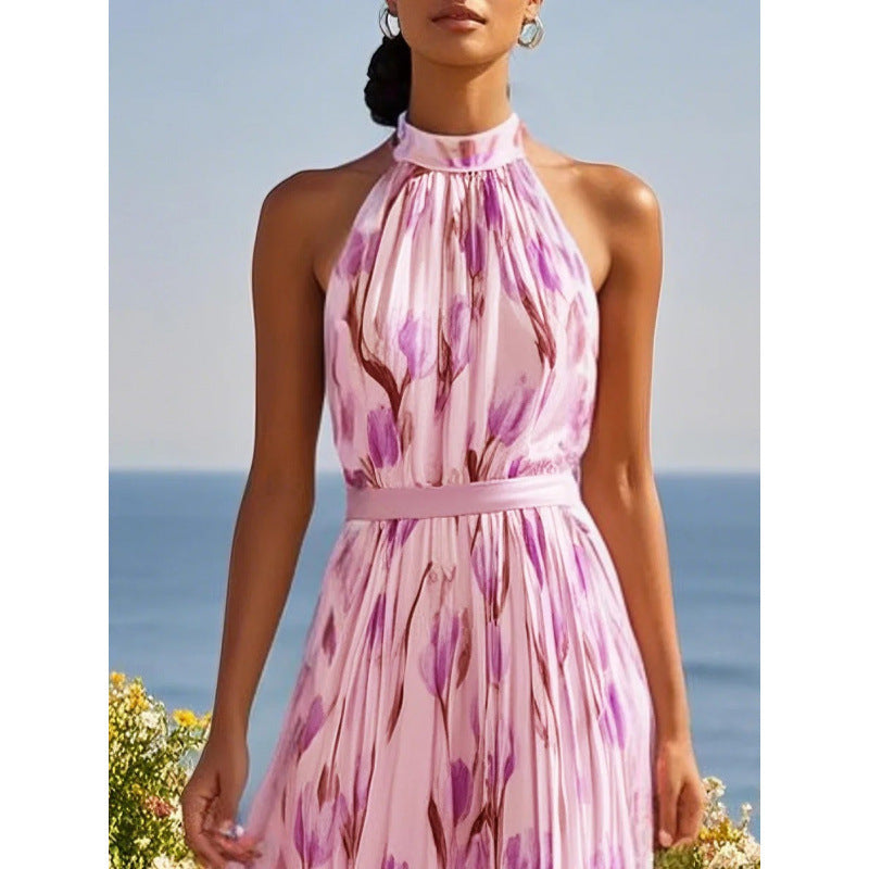Flowy halter-neck wrap dress with floral print