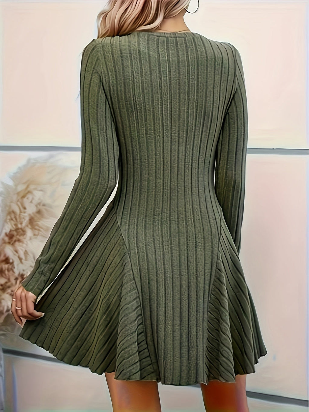 Élégante Robe Côtelée Décolleté en V Ligne A Manches Longues Pour Femme | Parfaite Pour l'Automne et Toute Occasion