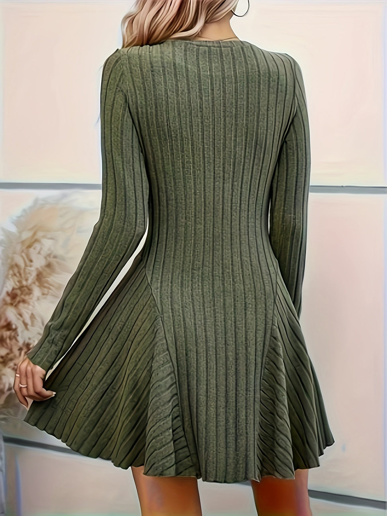 Élégante Robe Côtelée Décolleté en V Ligne A Manches Longues Pour Femme | Parfaite Pour l'Automne et Toute Occasion