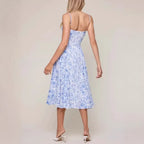 Sky blue floral midi dress with a defined waist