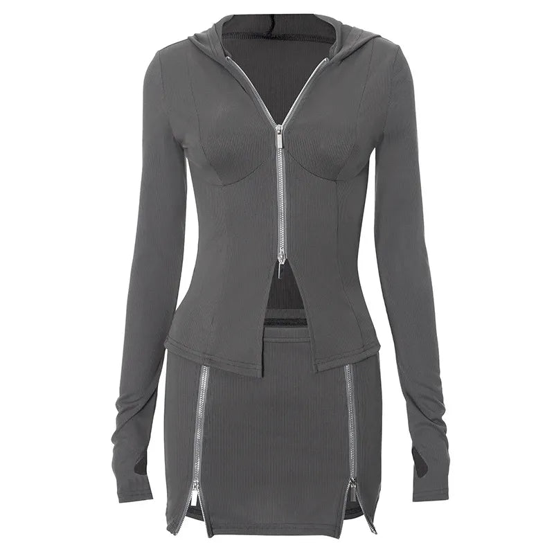 Long-sleeved zip-up jacket and skirt set