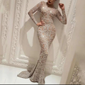 Robe de soirée longue en dentelle argentée, manches longues, ajustée, élégante et glamour, idéale pour événements formels et mariages.