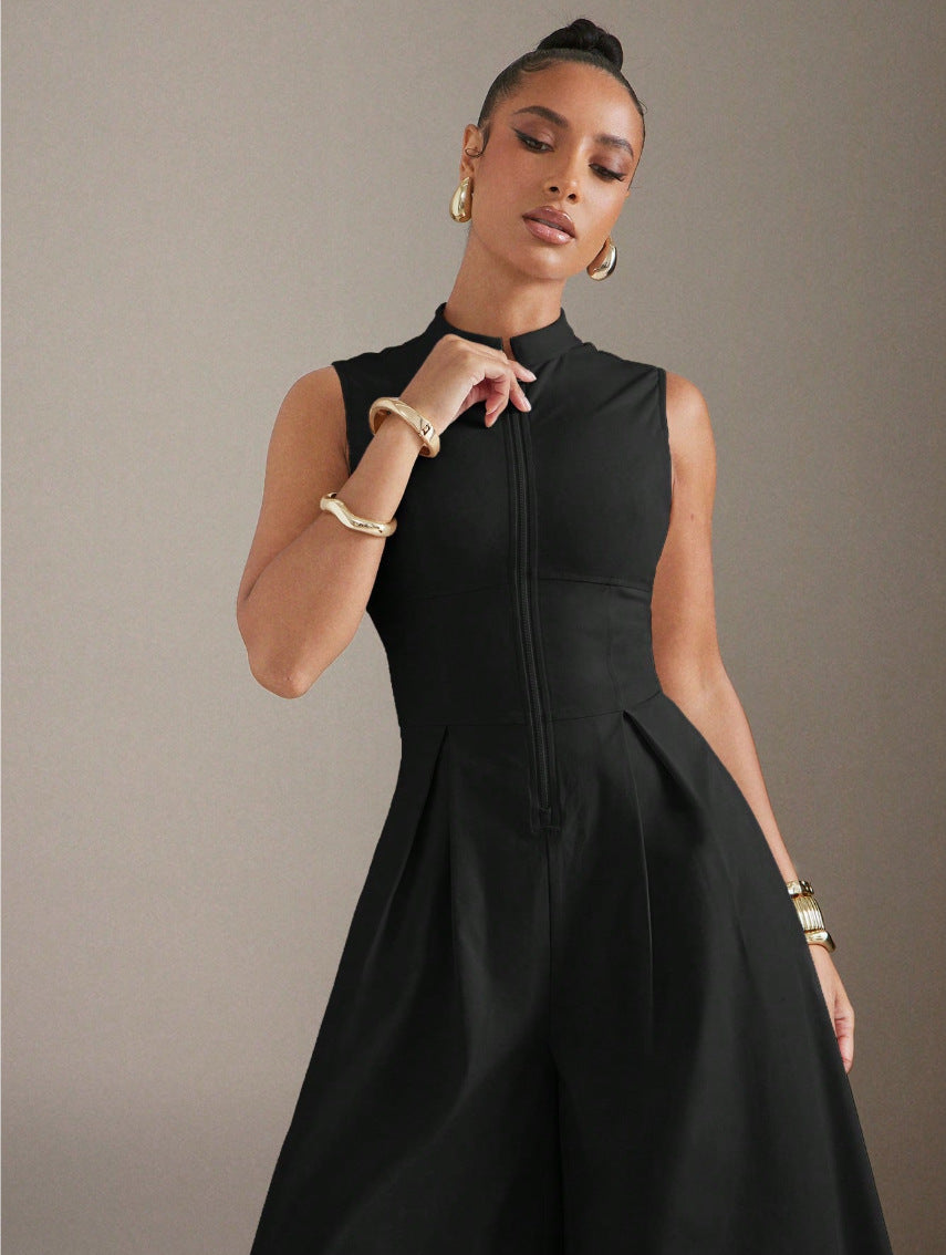 Robe sans manches noire à taille haute et fermeture éclair