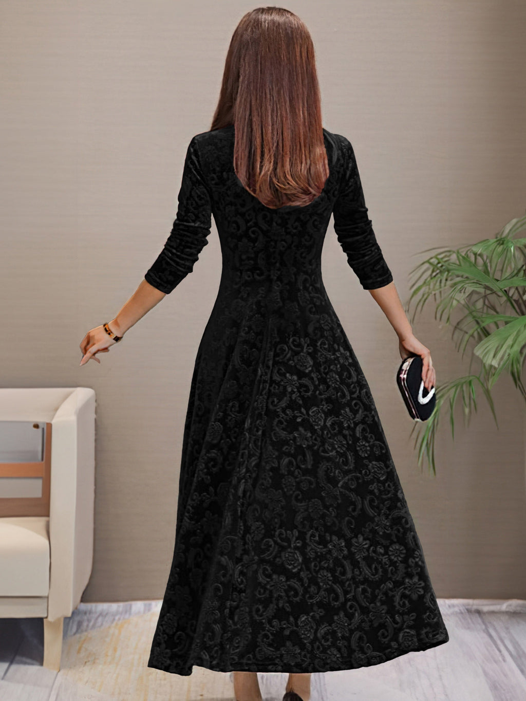 Robe en velours à col en V pour femmes - idéale pour l'automne