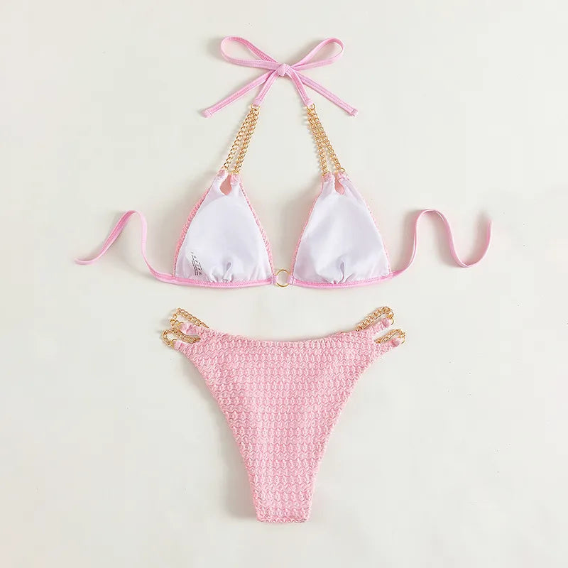 Maillot de bain bikini col licou et chaîne