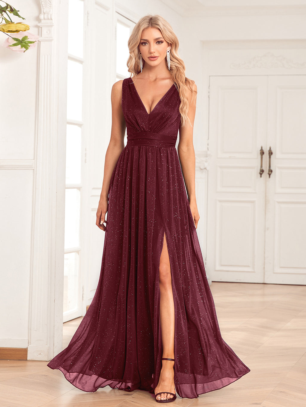 Long double V-neck dress with side slits