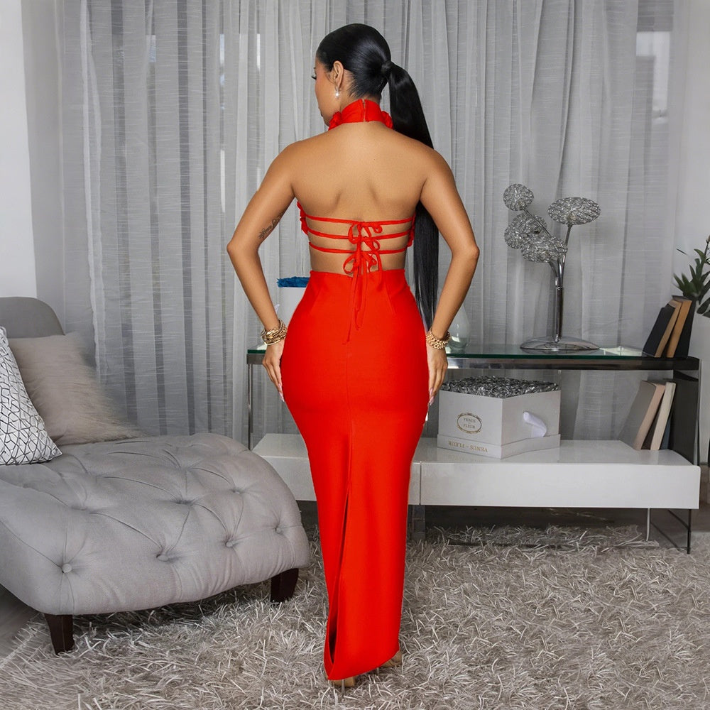Robe longue de soirée licou dos nu déco fleurs sexy