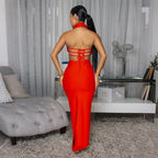 Robe longue de soirée licou dos nu déco fleurs sexy