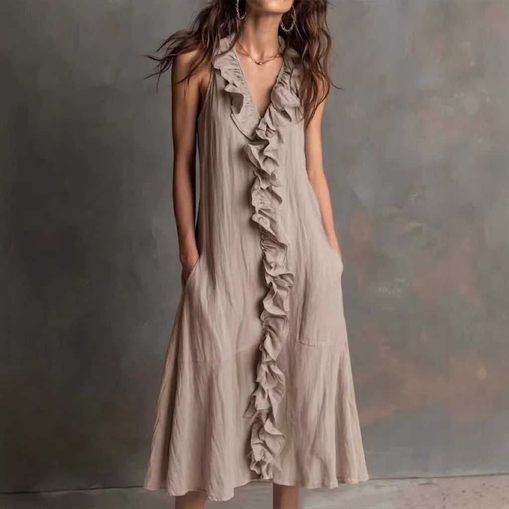 Robe longue lin-coton décolleté V volant