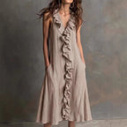 Robe longue lin-coton décolleté V volant