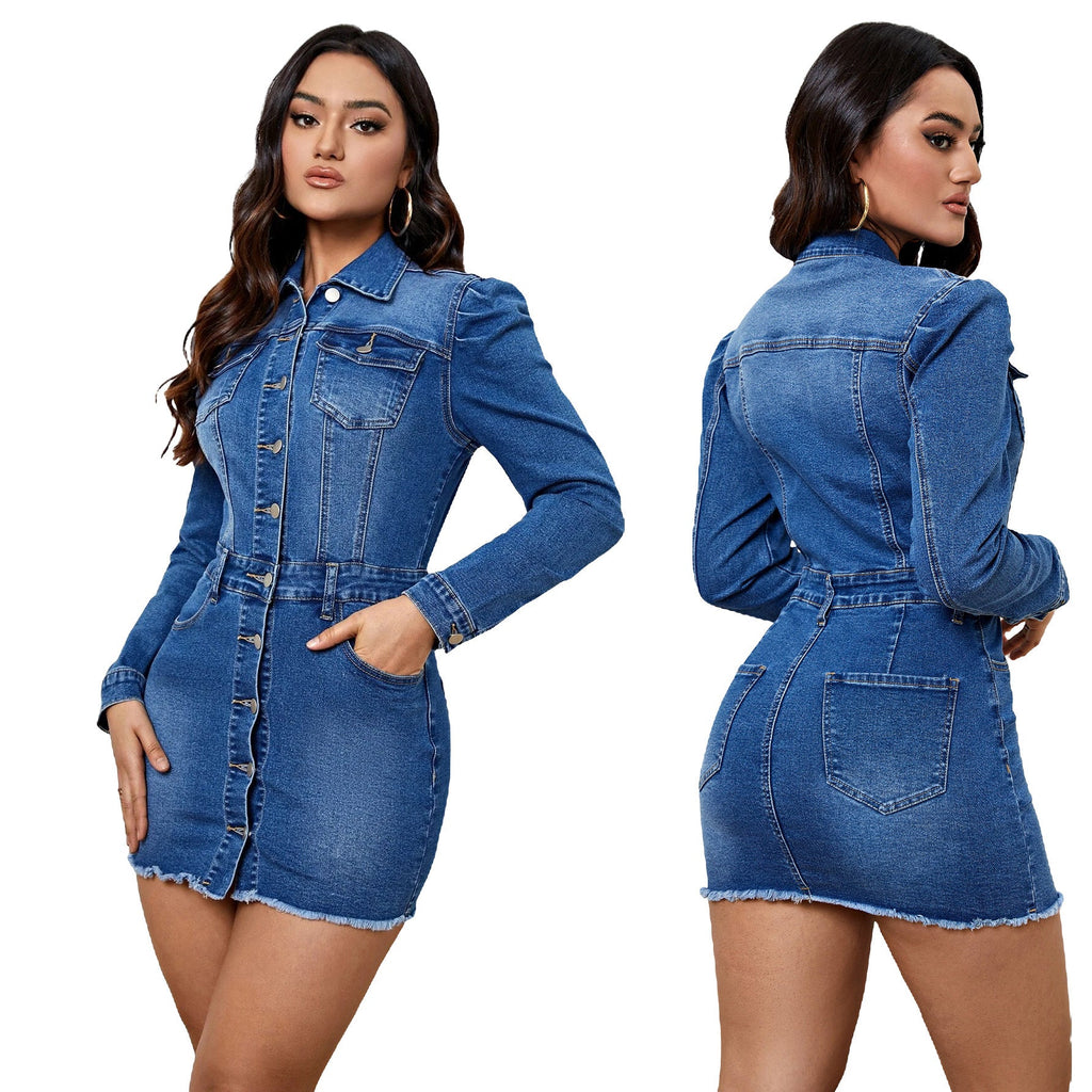 Robe courte en jean à bouton et manches longues - Chic&Shines