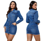 Robe courte en jean à bouton et manches longues - Chic&Shines