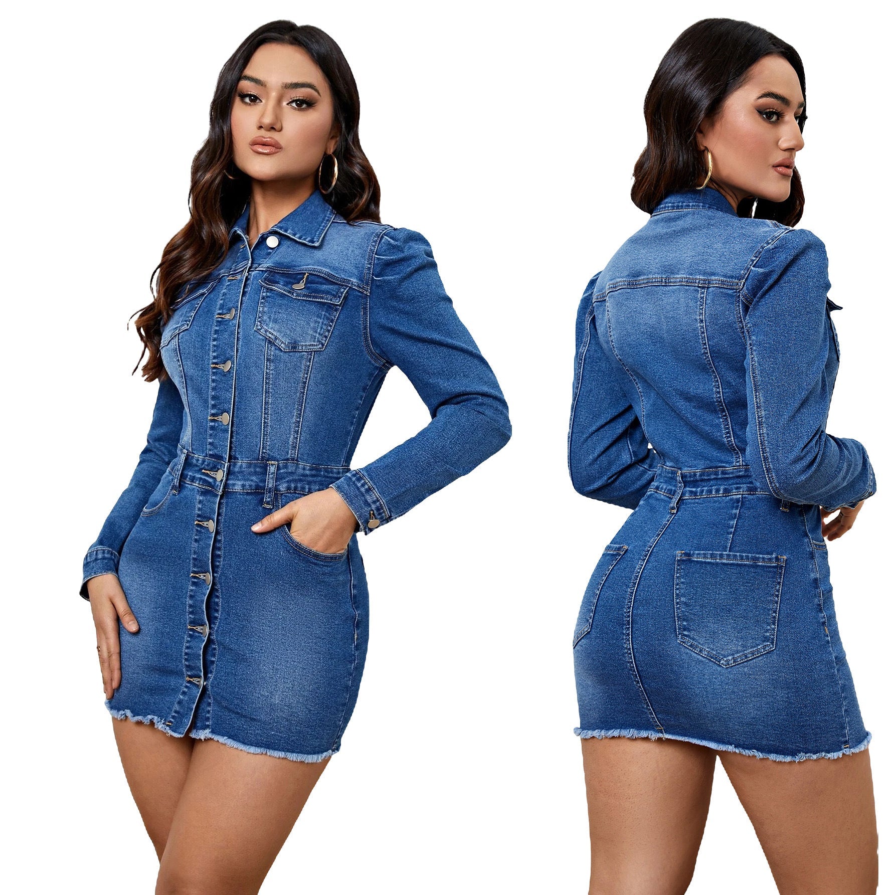 Robe courte en jean à bouton et manches longues - Chic&Shines