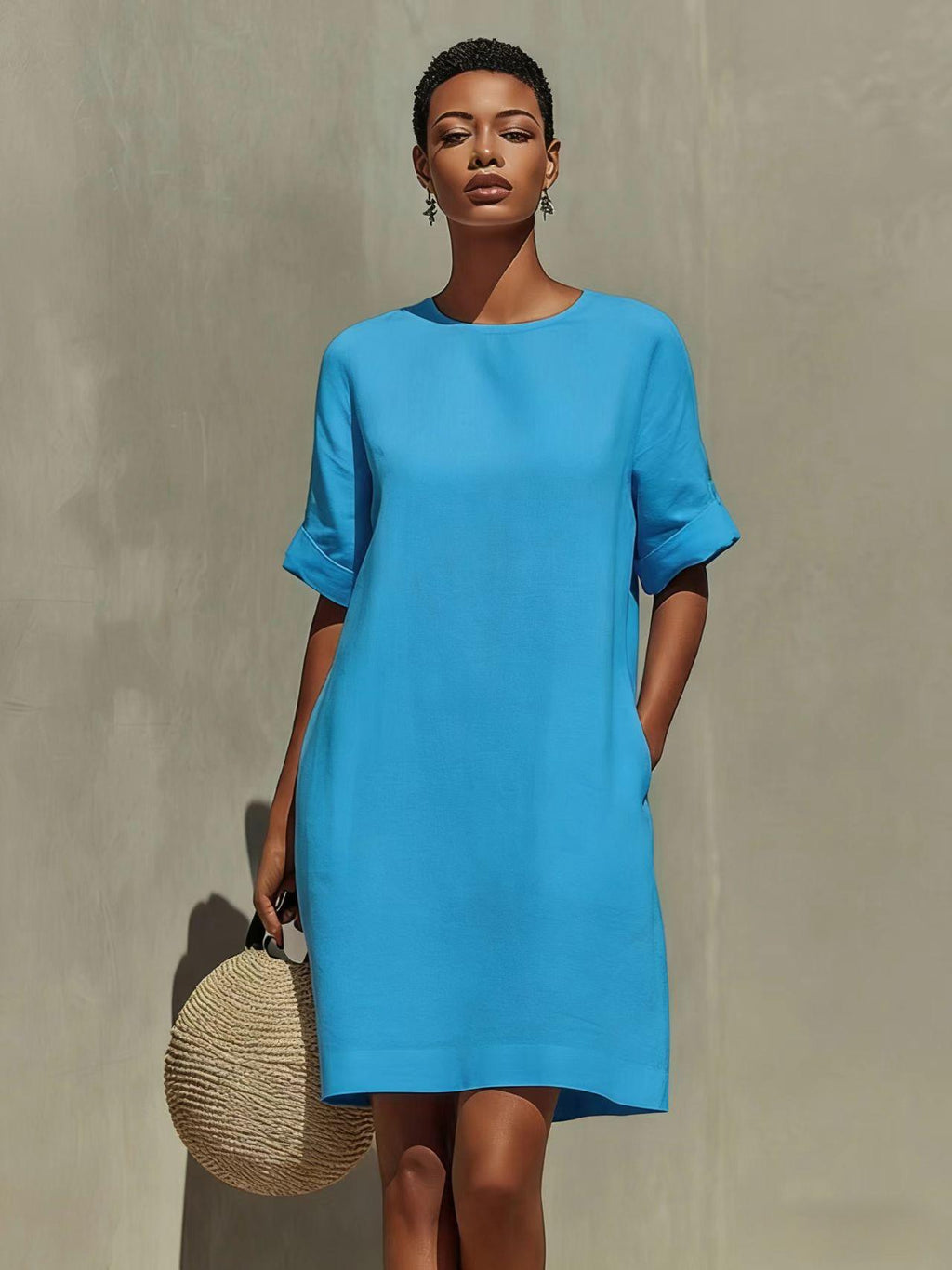Robe col rond à manches retroussées