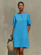 Robe col rond à manches retroussées