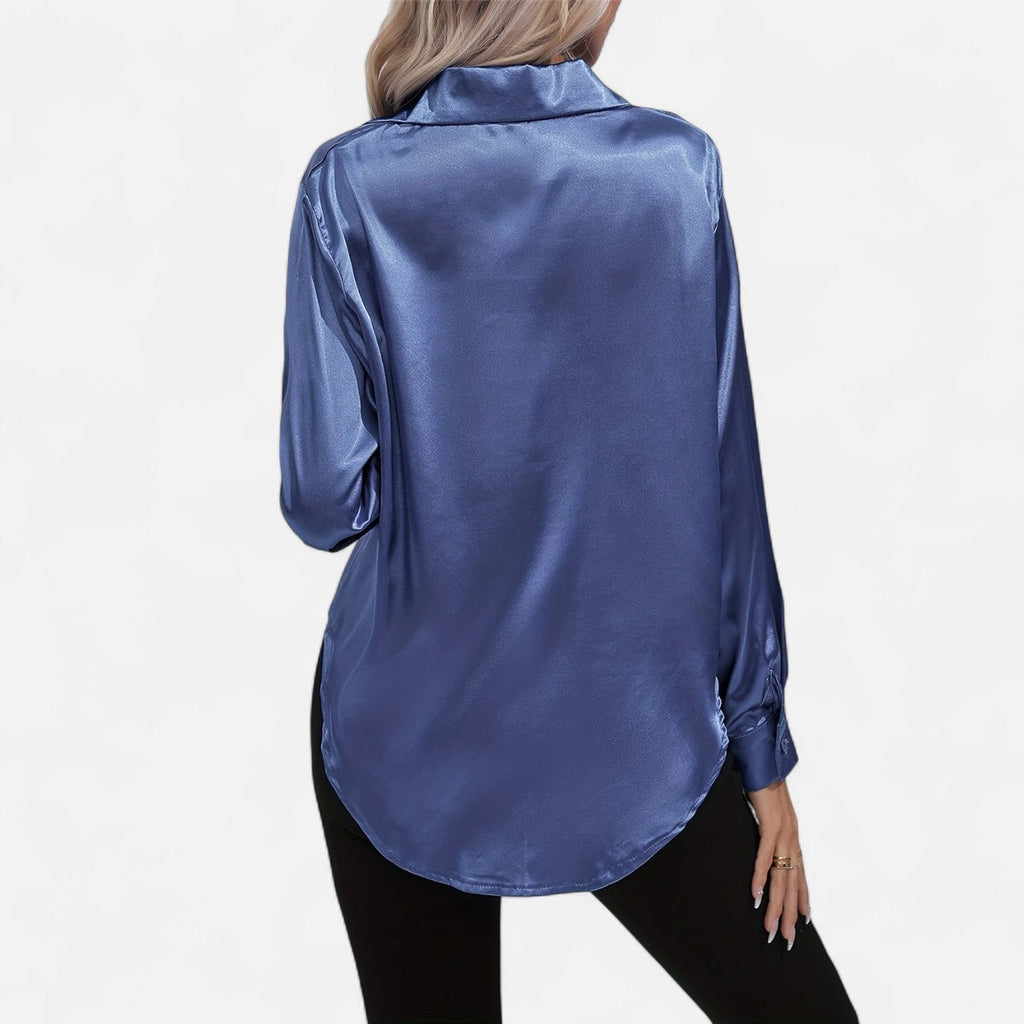 Chemisier boutonné en satin pour femme – Chemise classique à manches longues et revers