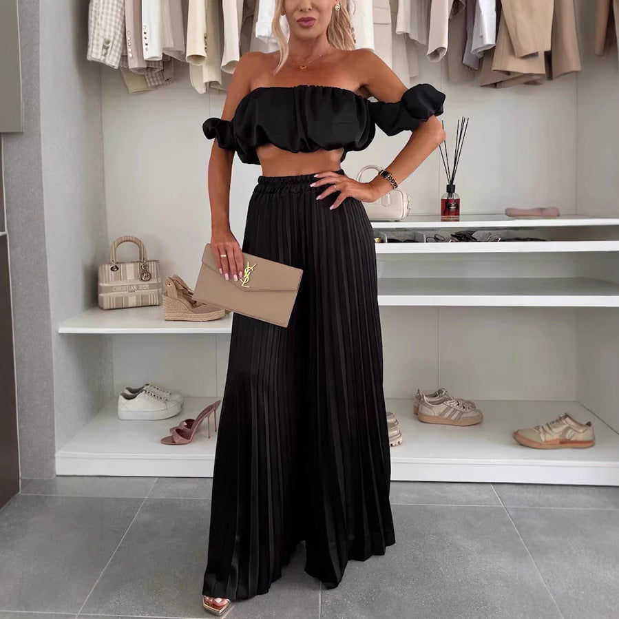 Satin tube top and wide-leg pants set
