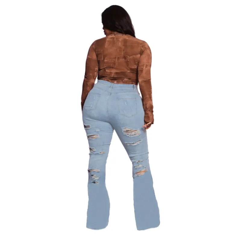 Stretchy distressed micro flare jeans