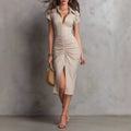 Solid pleated slim-fit slit dress