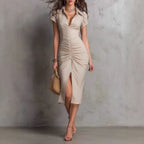 Solid pleated slim-fit slit dress