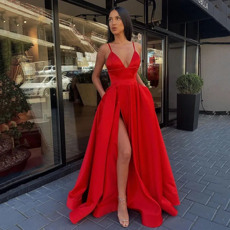 Robe longue satin à bretelles fente latérale élégant couleur unie - Chic&Shines