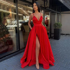 Robe longue satin à bretelles fente latérale élégant couleur unie - Chic&Shines