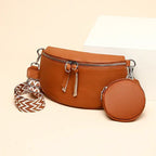 Sac banane en cuir marron avec pochette ronde assortie et bandoulière à motifs géométriques. Accessoire mode tendance et pratique.