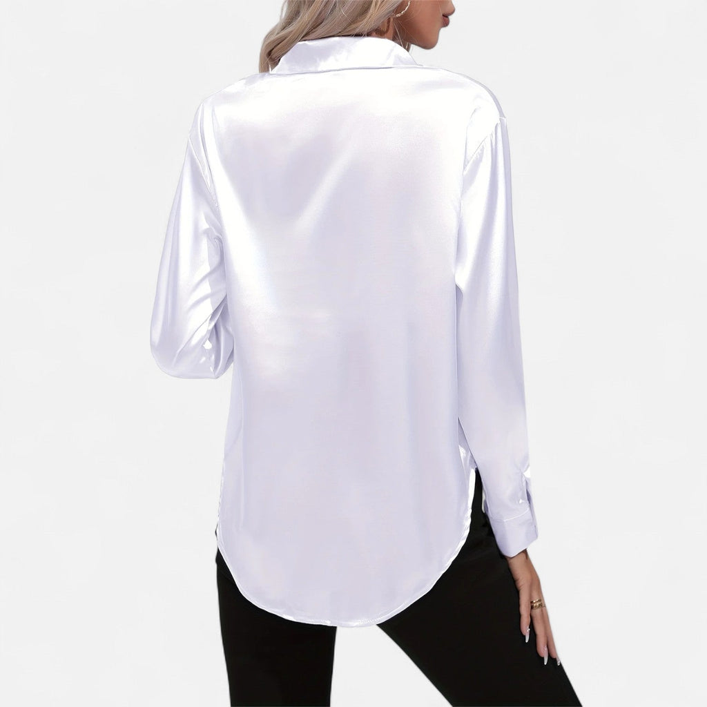 Chemisier boutonné en satin pour femme – Chemise classique à manches longues et revers