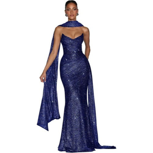Sequin evening dress with side slit
