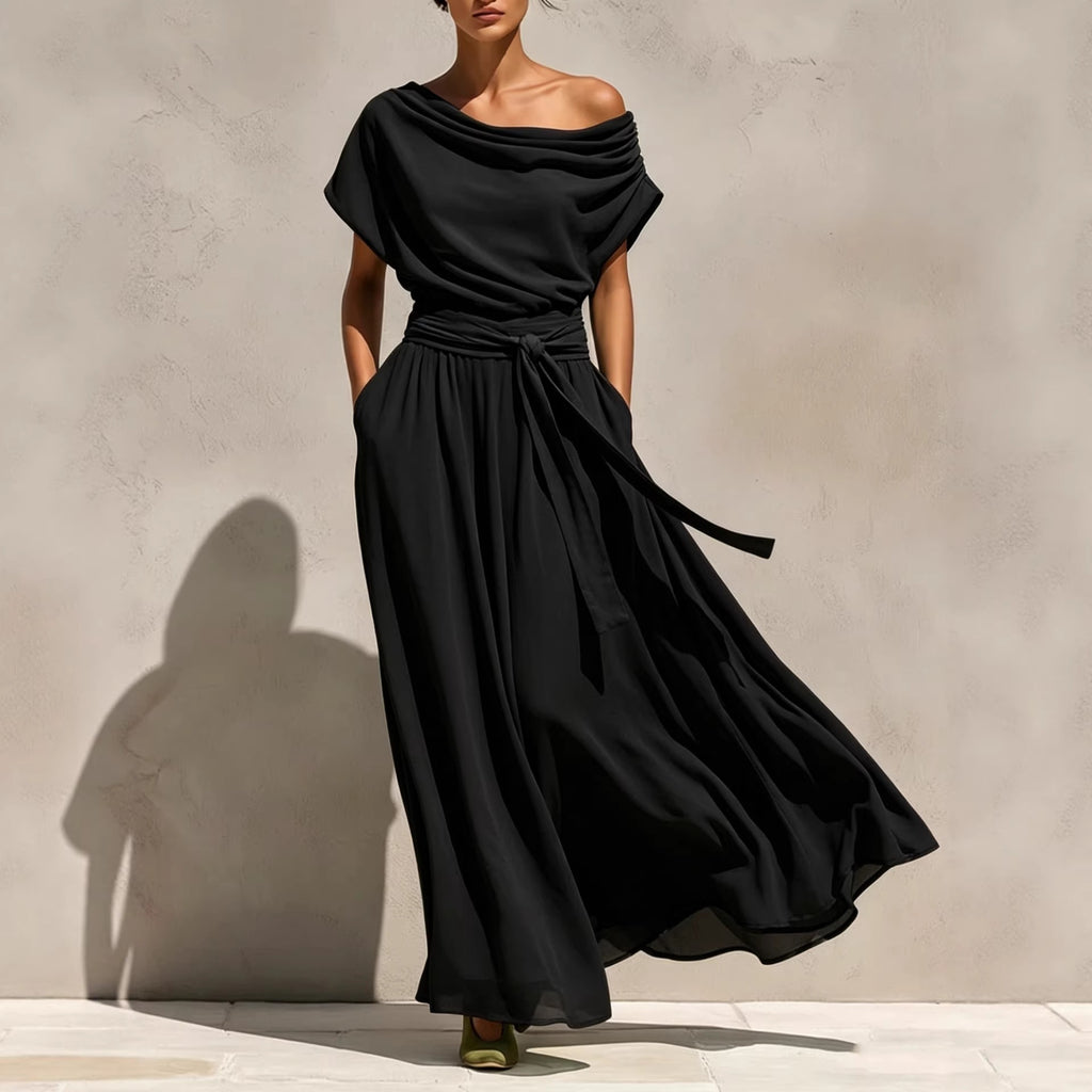 Robe mi-longue plissée taille marquée manches courtes