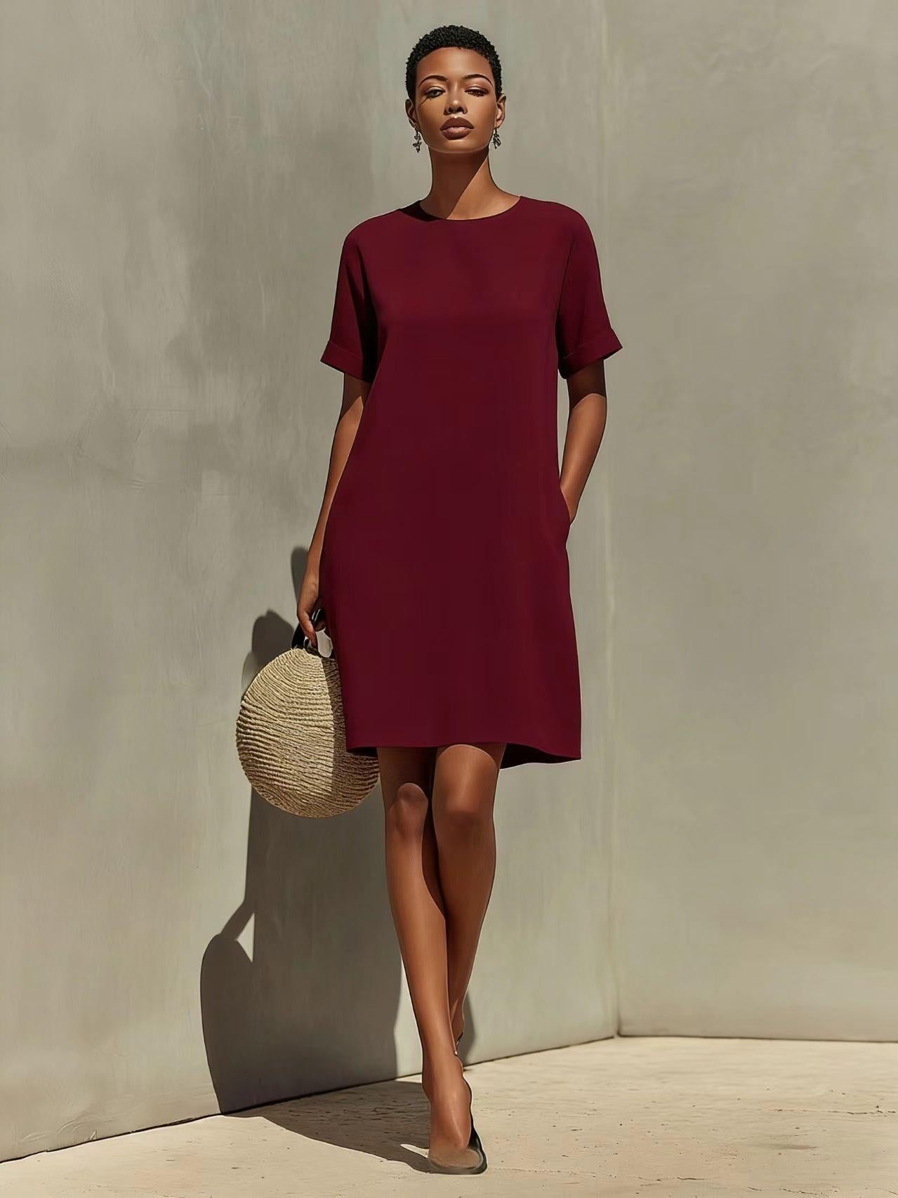 Robe col rond à manches retroussées