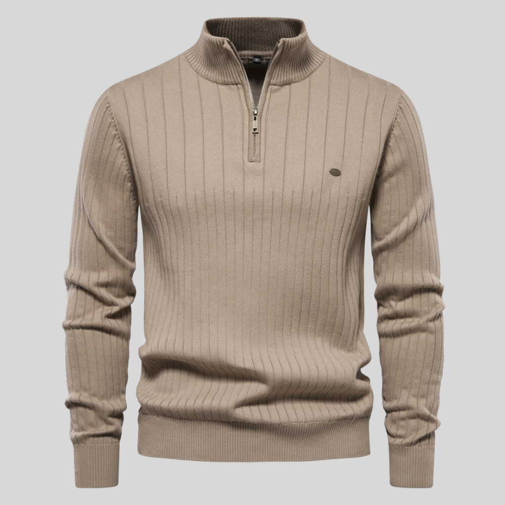 Pull beige à col zippé pour homme, motif côtelé vertical, manches longues, style élégant et décontracté, idéal pour l'automne et l'hiver.