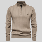 Pull beige à col zippé pour homme, motif côtelé vertical, manches longues, style élégant et décontracté, idéal pour l'automne et l'hiver.