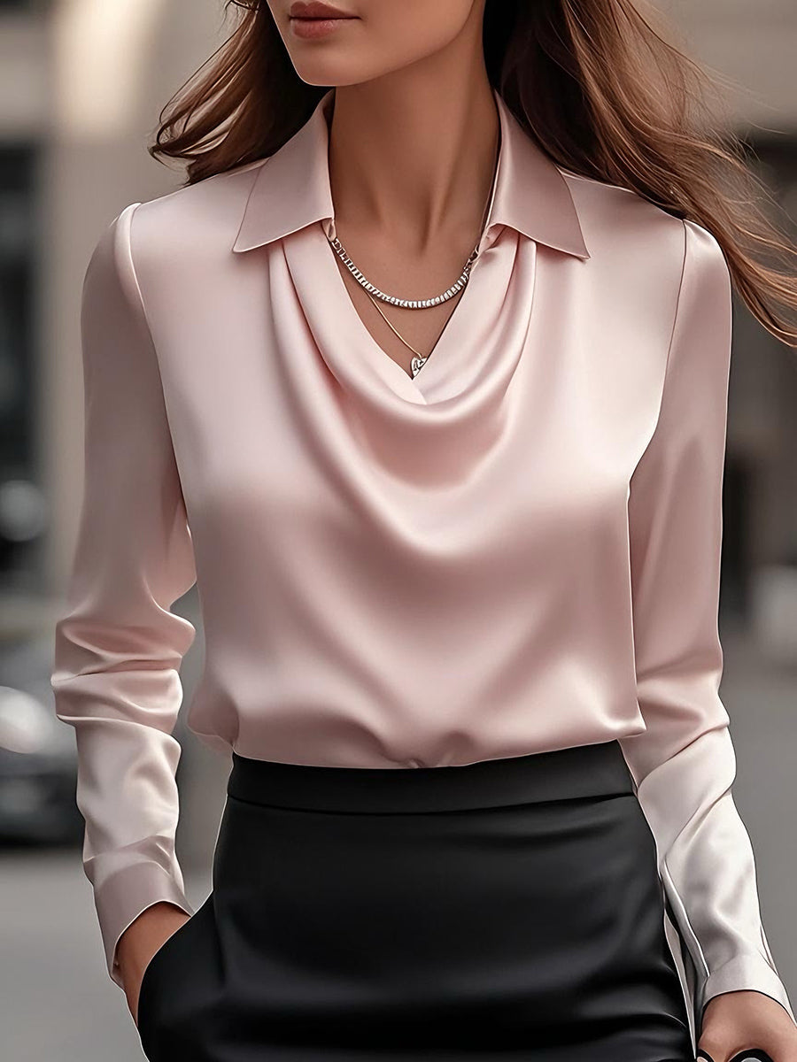 Chemisier en satin pour femme avec encolure drapée – Haut élégant à manches longues pour le travail et les soirées