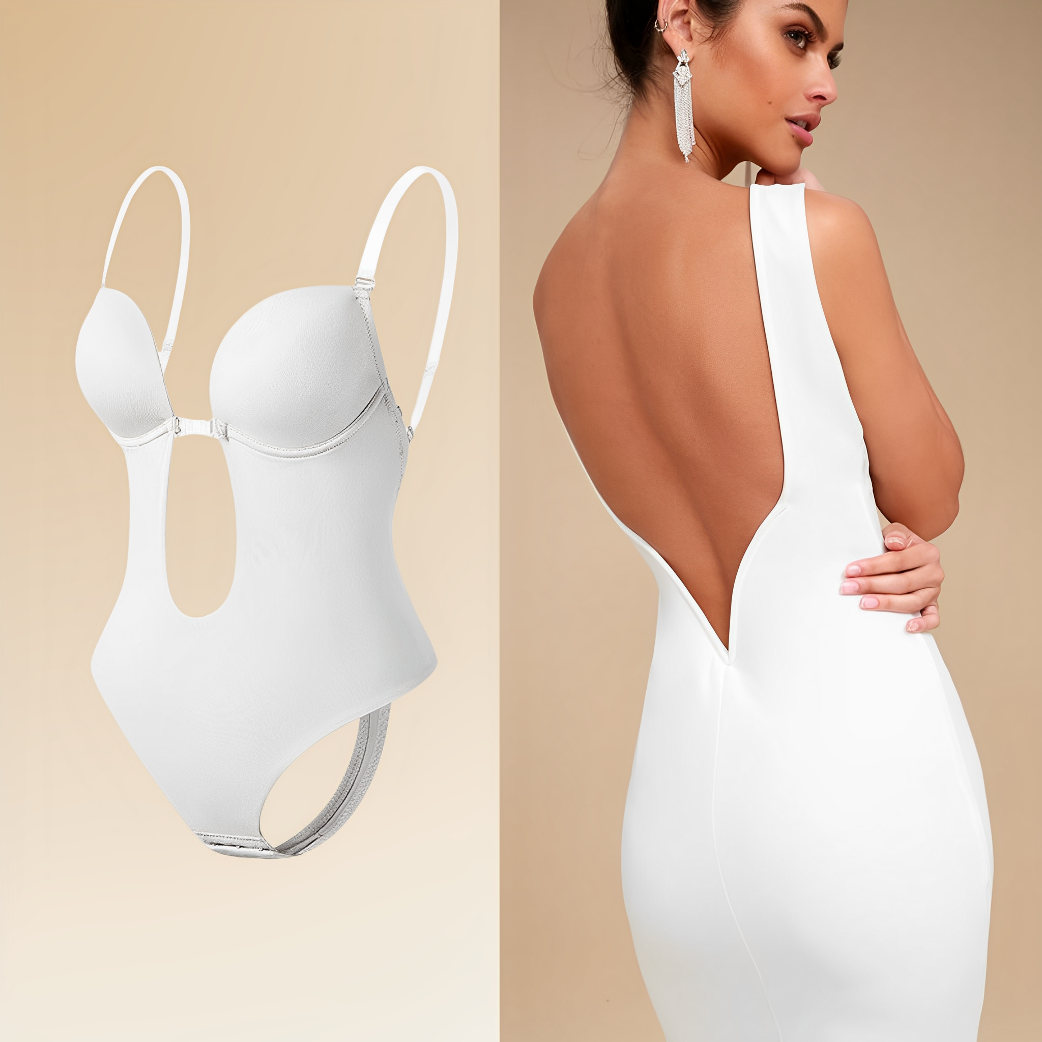 Body blanc sans dos pour robe élégante, avec bretelles fines et soutien-gorge intégré, idéal pour tenues de soirée, mode féminine chic.