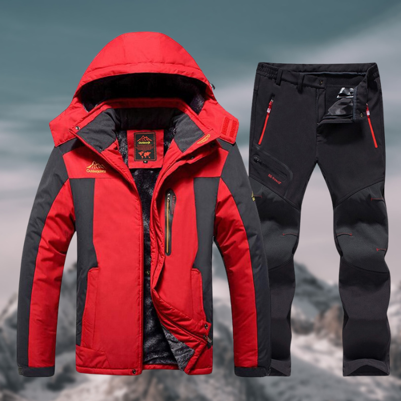 Veste de ski rouge et pantalon noir pour homme, imperméables et coupe-vent, idéals pour sports d'hiver en montagne. Ensemble chaud et résistant.