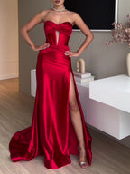 Robe de soirée extra longue rouge fendue haut tube