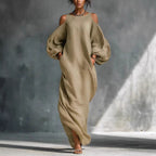 Robe midi épaules dénudées, manches longues et ourlet asymétrique