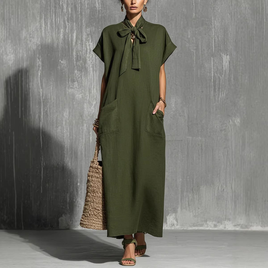 Robe longue vert militaire lin-coton à ceinture