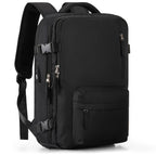 Sac à dos noir moderne avec multiples compartiments, fermetures éclair robustes, design ergonomique, idéal pour ordinateur portable et usage quotidien.