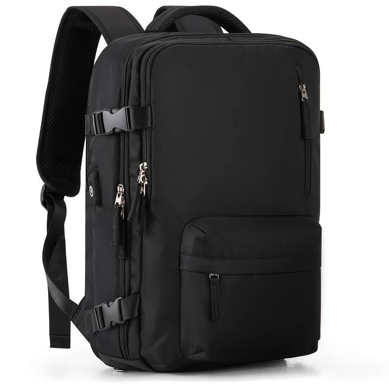 Sac à dos noir moderne avec multiples compartiments, fermetures éclair robustes, design ergonomique, idéal pour ordinateur portable et usage quotidien.